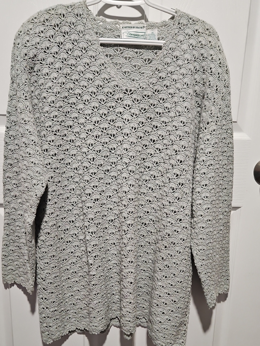 VTG 80s 90s Shenanigans Hand Knit Crochet Sweater Grey Ramie Cotton V-Neck 20